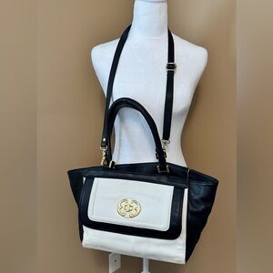 Emma Fox Black and White 100%  Leather Tote with Gold Emblem